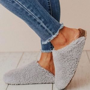 Gray faux fur mules